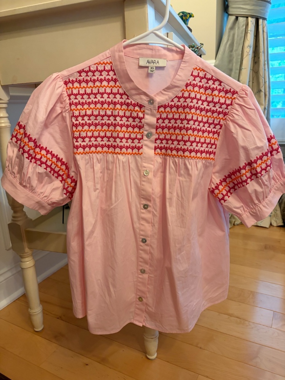 Women's Avara Trudy Pink Blouse - Pink/Orange Striped Trim Size XS 100% Cotton